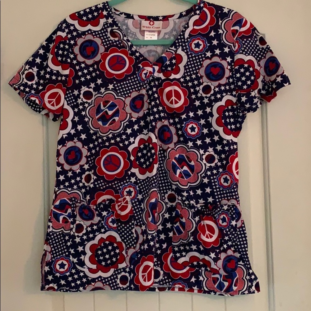 Red white and blue scrub top